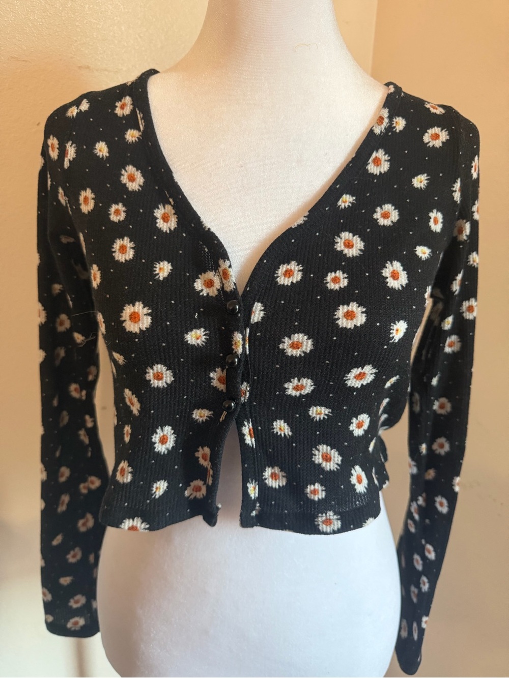 Black Daisy-Print Button-Front Women's Cardigan